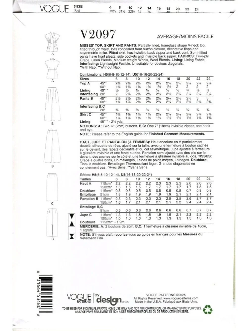 Vogue V2097 Misses 6 to 14 Top, Skirt and Pants Uncut Sewing Pattern
